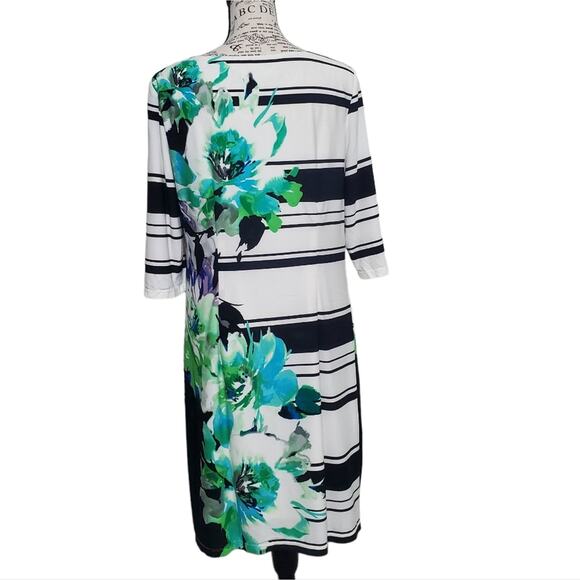Studio One New York Cream & Black Striped Green Floral Print Midi Dress Medium - Picture 7 of 9
